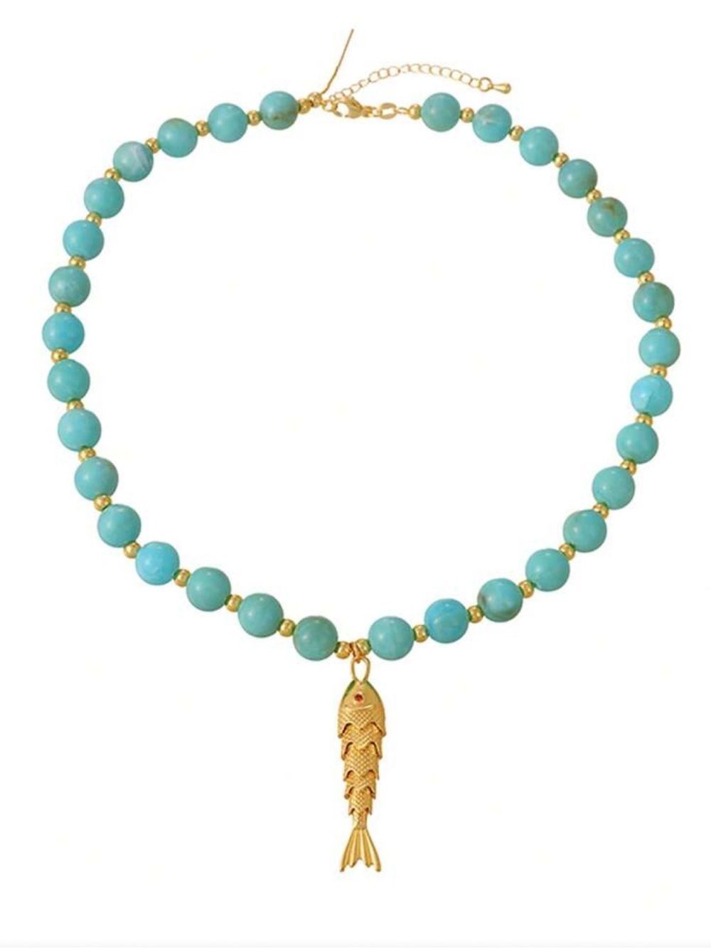 Turquoise Beaded Necklace with Gold Fish Pendant R779